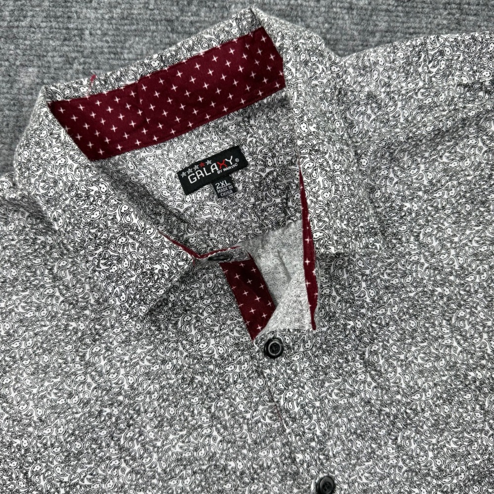 Galaxy Button Down Shirt 2XL White Black Paisley Short Sleeve Men's